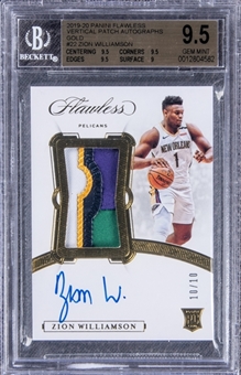 2019-20 Panini Flawless Vertical Patch Autographs Gold #22 Zion Williamson Signed Game Used Patch Rookie Card (#10/10) - BGS GEM MINT 9.5/BGS 10